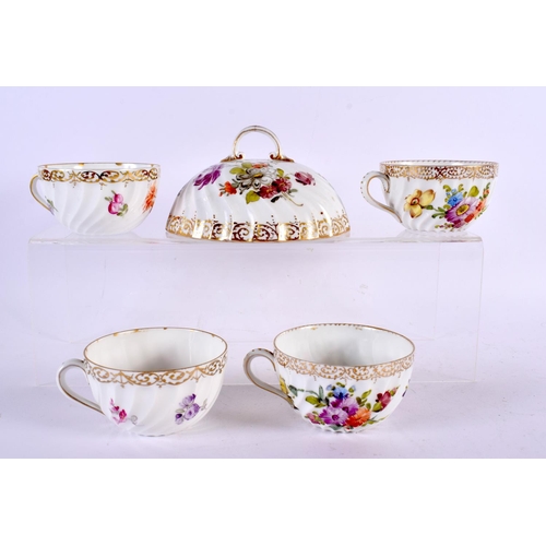 718 - AN ANTIQUE DRESDEN GERMAN PORCELAIN TEA SET. Largest 20 cm wide. (qty)