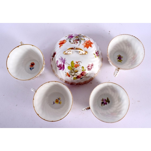 718 - AN ANTIQUE DRESDEN GERMAN PORCELAIN TEA SET. Largest 20 cm wide. (qty)