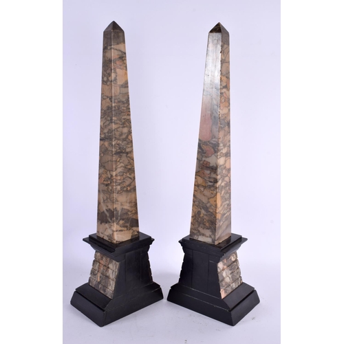 723 - A LARGE PAIR OF 19TH CENTURY FRENCH EGYPTIAN REVIVAL MARBLE OBELISKS depicting hieroglyphics. 53 cm ... 