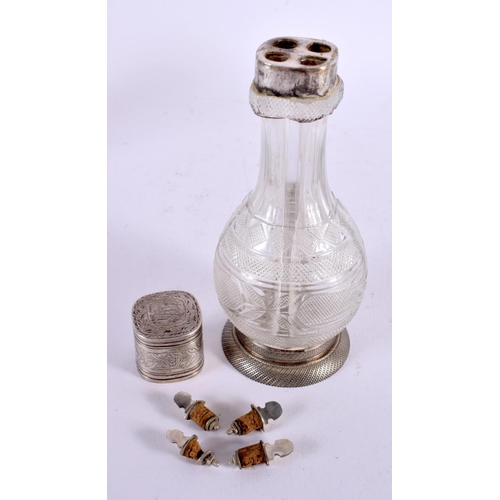 731 - AN ANTIQUE CONTINENTAL SILVER AND CUT GLASS QUADRUPLE VINEGAR BOTTLE. 346 grams. 16 cm high.