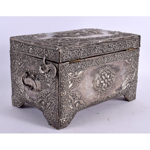 739 - A LARGE 19TH CENTURY MIDDLE EASTERN OTTOMAN SILVER OVERLAID WOOD CASKET decorated with foliage and v... 