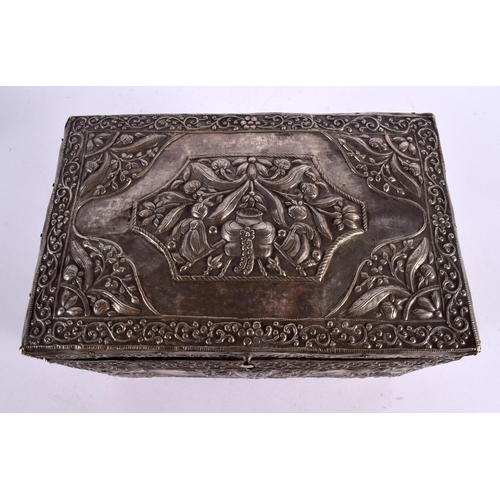 739 - A LARGE 19TH CENTURY MIDDLE EASTERN OTTOMAN SILVER OVERLAID WOOD CASKET decorated with foliage and v... 