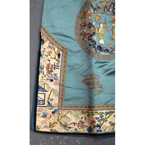 741 - A FINE 19TH CENTURY CHINESE GREEN SILK EMBROIDERED JACKET Qing, decorated with eight roundels and fi... 