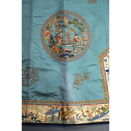 741 - A FINE 19TH CENTURY CHINESE GREEN SILK EMBROIDERED JACKET Qing, decorated with eight roundels and fi... 