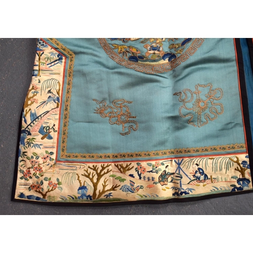 741 - A FINE 19TH CENTURY CHINESE GREEN SILK EMBROIDERED JACKET Qing, decorated with eight roundels and fi... 