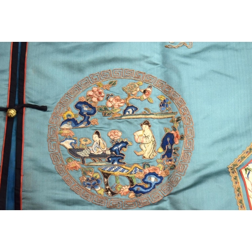 741 - A FINE 19TH CENTURY CHINESE GREEN SILK EMBROIDERED JACKET Qing, decorated with eight roundels and fi... 