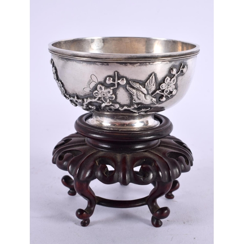 744 - A 19TH CENTURY CHINESE EXPORT SILVER BOWL by Leeching, decorated with flowering prunus. Silver 92 gr... 