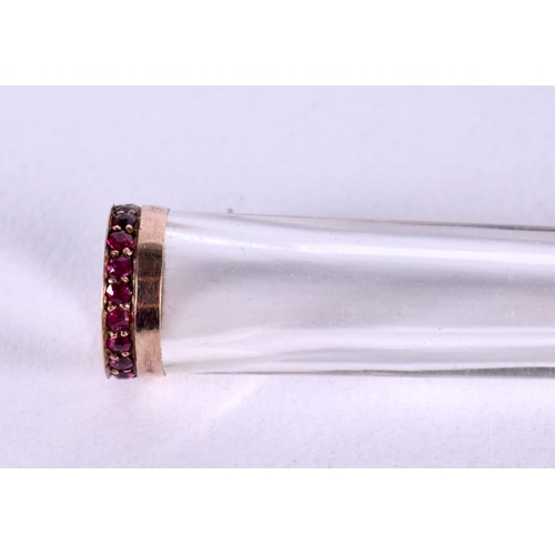 745 - AN ANTIQUE GOLD RUBY AND ROCK CRYSTAL CHEROOT HOLDER. 9 cm long.