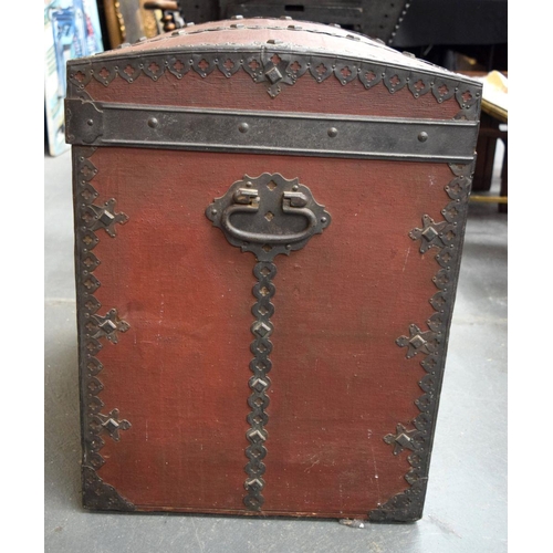 754 - A LARGE 19TH CENTURY IRON MOUNTED DOME TOP CASKET. 63 cm x 72 cm x 48 cm.