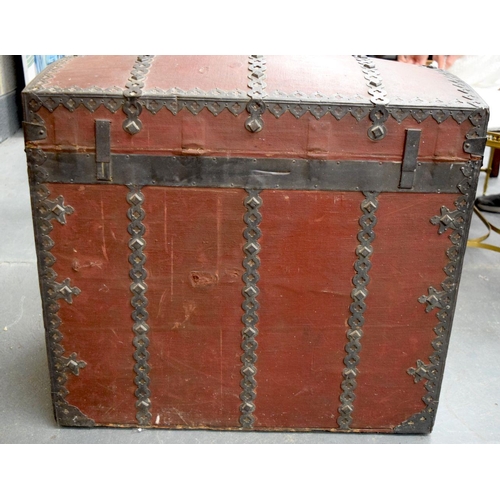 754 - A LARGE 19TH CENTURY IRON MOUNTED DOME TOP CASKET. 63 cm x 72 cm x 48 cm.