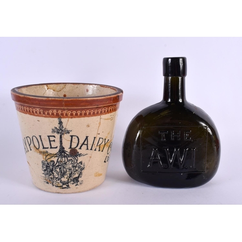 76 - A CHARMING ANTIQUE MAYPOLE DAIRY POTTERY MEASURE together with a Victorian AW glass bottle. Largest ... 