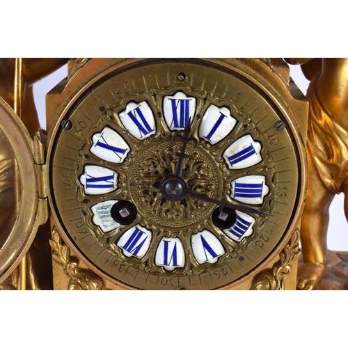 771 - A 19TH CENTURY FRENCH GILT BRONZE MANTEL CLOCK formed with figures beside an enamelled dial. 27 cm x... 