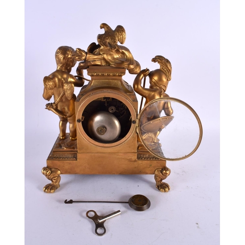 771 - A 19TH CENTURY FRENCH GILT BRONZE MANTEL CLOCK formed with figures beside an enamelled dial. 27 cm x... 