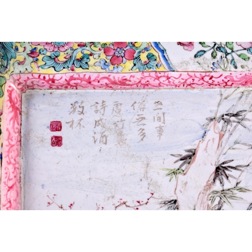 772 - A GOOD 18TH CENTURY CHINESE CANTON ENAMEL TRAY Qianlong, painted with seven immortals under a poem, ... 