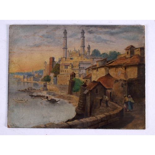 774 - AN OIL ON BOARD OF A COASTAL SCENE together with a framed silk. Largest 33 cm x 18 cm. (2)