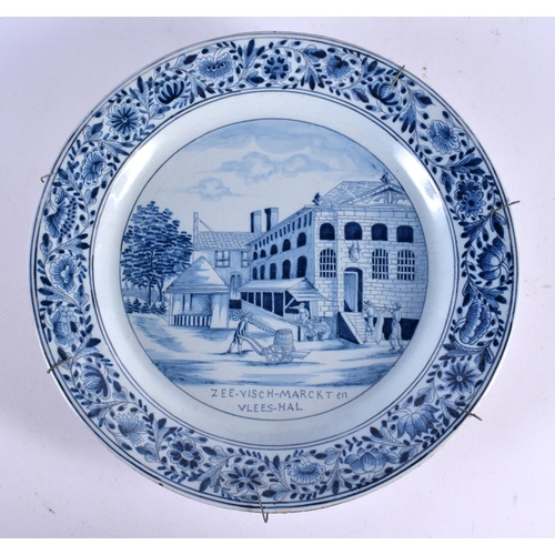 775 - THREE LARGE DELFT BLUE AND WHITE PORCELAIN PLATES. 32 cm diameter. (3)