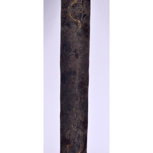 785 - A VERY RARE 14TH/15TH CENTURY CHINESE TIBETAN BRONZE SWORD with phurba type terminal, decorated with... 