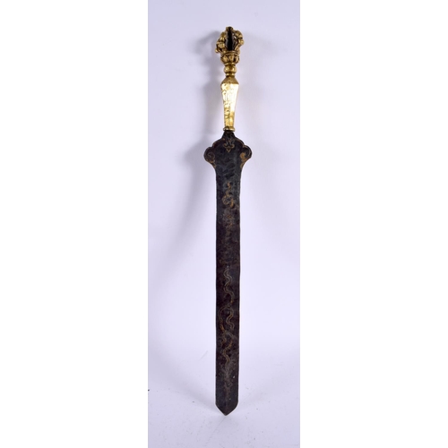 785 - A VERY RARE 14TH/15TH CENTURY CHINESE TIBETAN BRONZE SWORD with phurba type terminal, decorated with... 