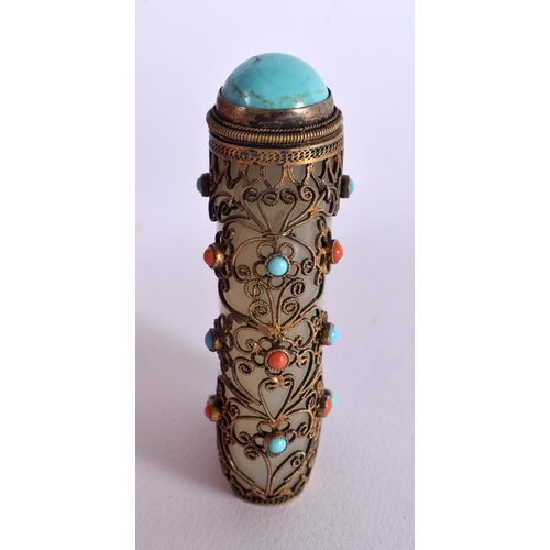 794 - A FINE 18TH CENTURY CHINESE WHITE JADE SNUFF BOTTLE AND STOPPER overlaid with coral and turquoise. 7... 