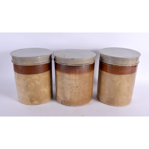 796 - THREE LARGE 19TH CENTURY SALT GLAZED POTTERY PHARMACY TOBACCO JARS. 20 cm x 14 cm.