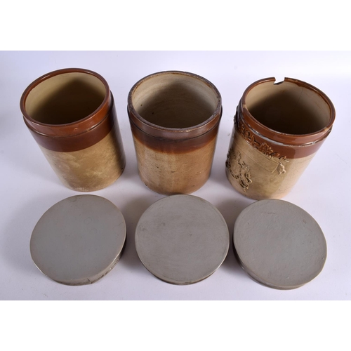 796 - THREE LARGE 19TH CENTURY SALT GLAZED POTTERY PHARMACY TOBACCO JARS. 20 cm x 14 cm.