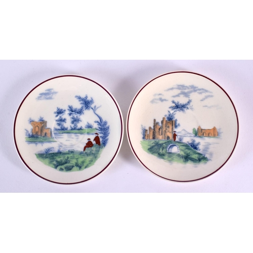 80 - AN UNUSUAL WEDGWOOD TEA FOR TWO TEASET decorated with a red painted figure fishing within a landscap... 