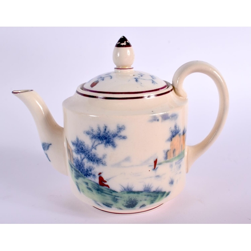 80 - AN UNUSUAL WEDGWOOD TEA FOR TWO TEASET decorated with a red painted figure fishing within a landscap... 