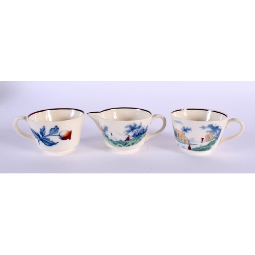 80 - AN UNUSUAL WEDGWOOD TEA FOR TWO TEASET decorated with a red painted figure fishing within a landscap... 