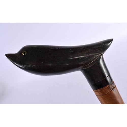 803 - A CARVED HORN BIRD HEAD WALKING CANE. 80 cm long.