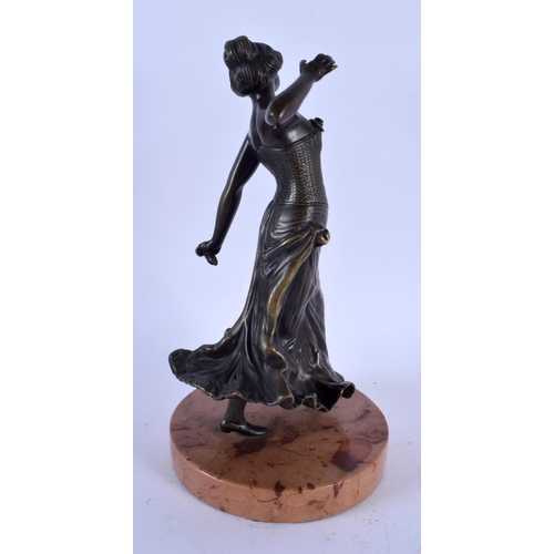 815 - A 19TH CENTURY AUSTRIAN BRONZE FIGURE OF A STANDING DANCER modelled upon a marble base. 23 cm high.