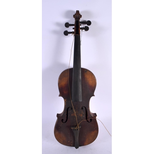 818 - A CASED ANTIQUE VIOLIN together with two bows, one with tiger stripe effect to body signed Vuillaume... 