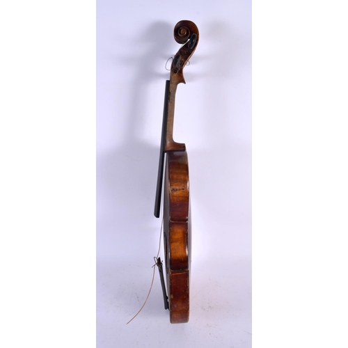 818 - A CASED ANTIQUE VIOLIN together with two bows, one with tiger stripe effect to body signed Vuillaume... 