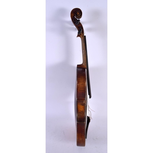 818 - A CASED ANTIQUE VIOLIN together with two bows, one with tiger stripe effect to body signed Vuillaume... 