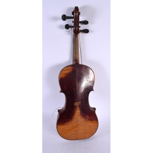 818 - A CASED ANTIQUE VIOLIN together with two bows, one with tiger stripe effect to body signed Vuillaume... 