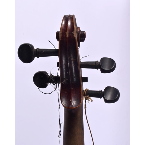 818 - A CASED ANTIQUE VIOLIN together with two bows, one with tiger stripe effect to body signed Vuillaume... 