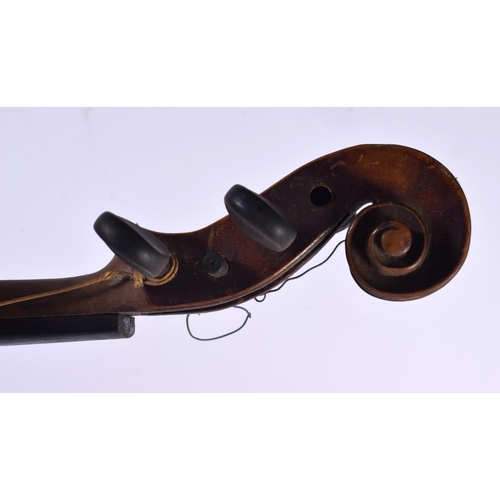 818 - A CASED ANTIQUE VIOLIN together with two bows, one with tiger stripe effect to body signed Vuillaume... 