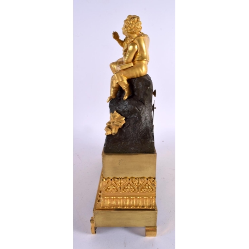 824 - A 19TH CENTURY FRENCH GILT BRONZE MANTEL CLOCK formed with lovers within a landscape. 34 cm x 22 cm.