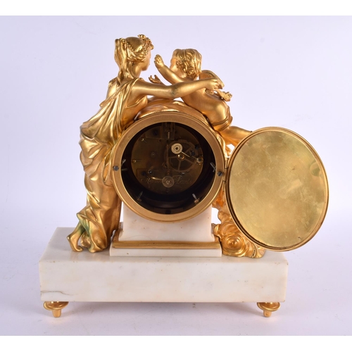 826 - A LARGE 19TH CENTURY FRENCH GILT BRONZE AND WHITE MARBLE MANTEL CLOCK formed as a female and putti. ... 