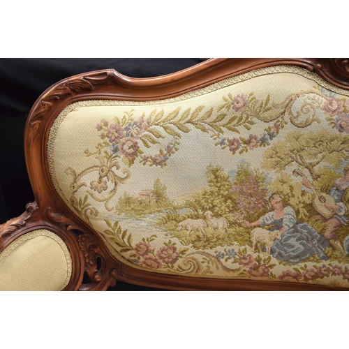 833 - A FRENCH AUBUSSON UPHOLSTERED WOOD SOFA. 124 cm x 90 cm.