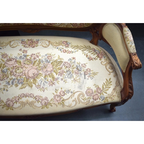 833 - A FRENCH AUBUSSON UPHOLSTERED WOOD SOFA. 124 cm x 90 cm.