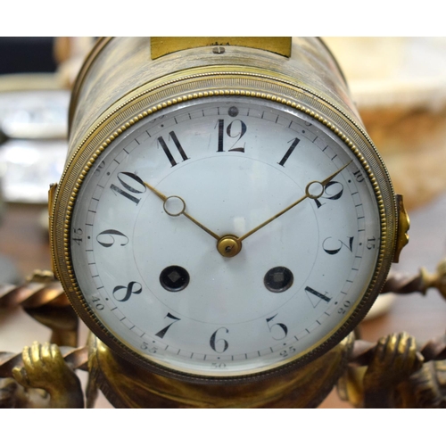 837 - A LARGE 19TH CENTURY FRENCH BRONZE AND WHITE MARBLE MANTEL CLOCK formed with figures carrying a drum... 