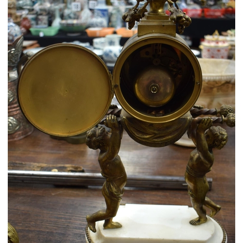 837 - A LARGE 19TH CENTURY FRENCH BRONZE AND WHITE MARBLE MANTEL CLOCK formed with figures carrying a drum... 