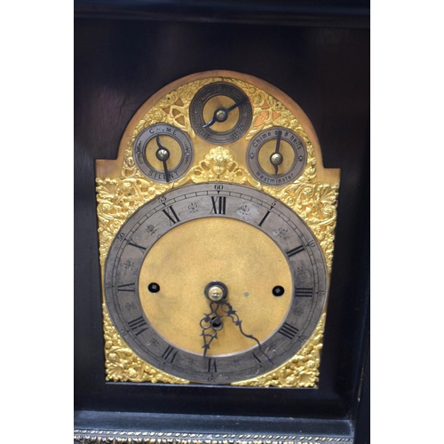 839 - A LARGE ANTIQUE FAUX TORTOISESHELL LACQUERED BRACKET CLOCK ON BELLS with matching bracket. Clock 66 ... 