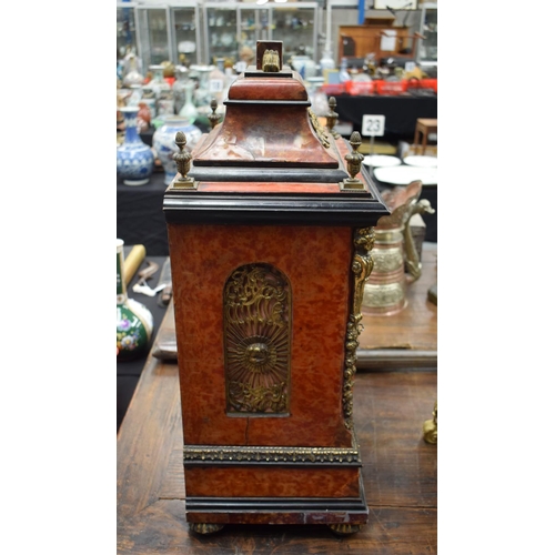 839 - A LARGE ANTIQUE FAUX TORTOISESHELL LACQUERED BRACKET CLOCK ON BELLS with matching bracket. Clock 66 ... 