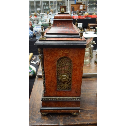 839 - A LARGE ANTIQUE FAUX TORTOISESHELL LACQUERED BRACKET CLOCK ON BELLS with matching bracket. Clock 66 ... 