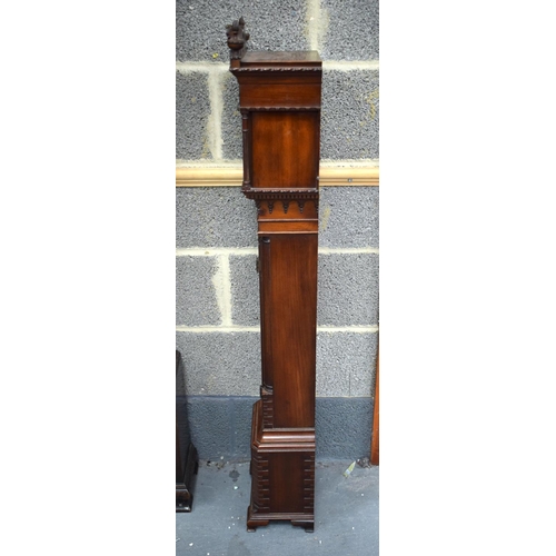 841 - A SMALLER GEORGE III STYLE MAHOGANY GRANDMOTHER CLOCK with scrolling arched pediment. 120 cm x 22 cm... 