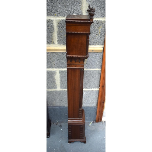 841 - A SMALLER GEORGE III STYLE MAHOGANY GRANDMOTHER CLOCK with scrolling arched pediment. 120 cm x 22 cm... 