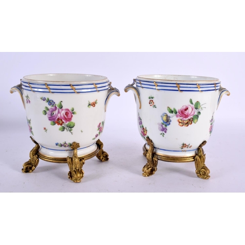 90 - A PAIR OF 19TH CENTURY SEVRES PORCELAIN CACHE POT upon gilt bronze mounts. 13 cm x 15 cm.