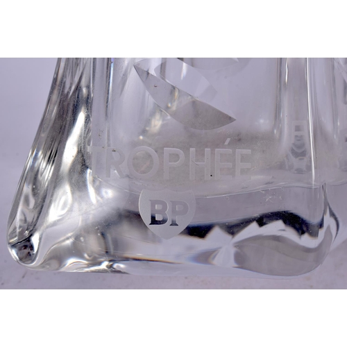 99 - A VINTAGE FRENCH GLASS BP MOTOR RACING TROPHY VASE C1965 possibly by Daum. 40 cm x 20 cm.