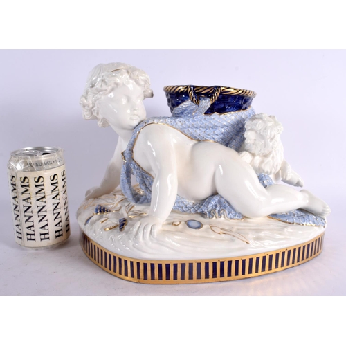 103 - A LARGE 19TH CENTURY ENGLISH PORCELAIN FIGURAL VASE modelled as a putti beside a hound. 30 cm x 23 c... 